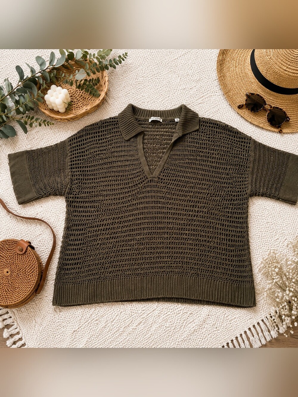MAX STUDIO London XL Open Knit Linen Blend Sweater Olive Taupe Boho Resort Top
